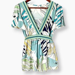 BCBGMaxAzria Colorful Art Deco Butterfly Batwing Blouse w/ Striped Sash Sz M